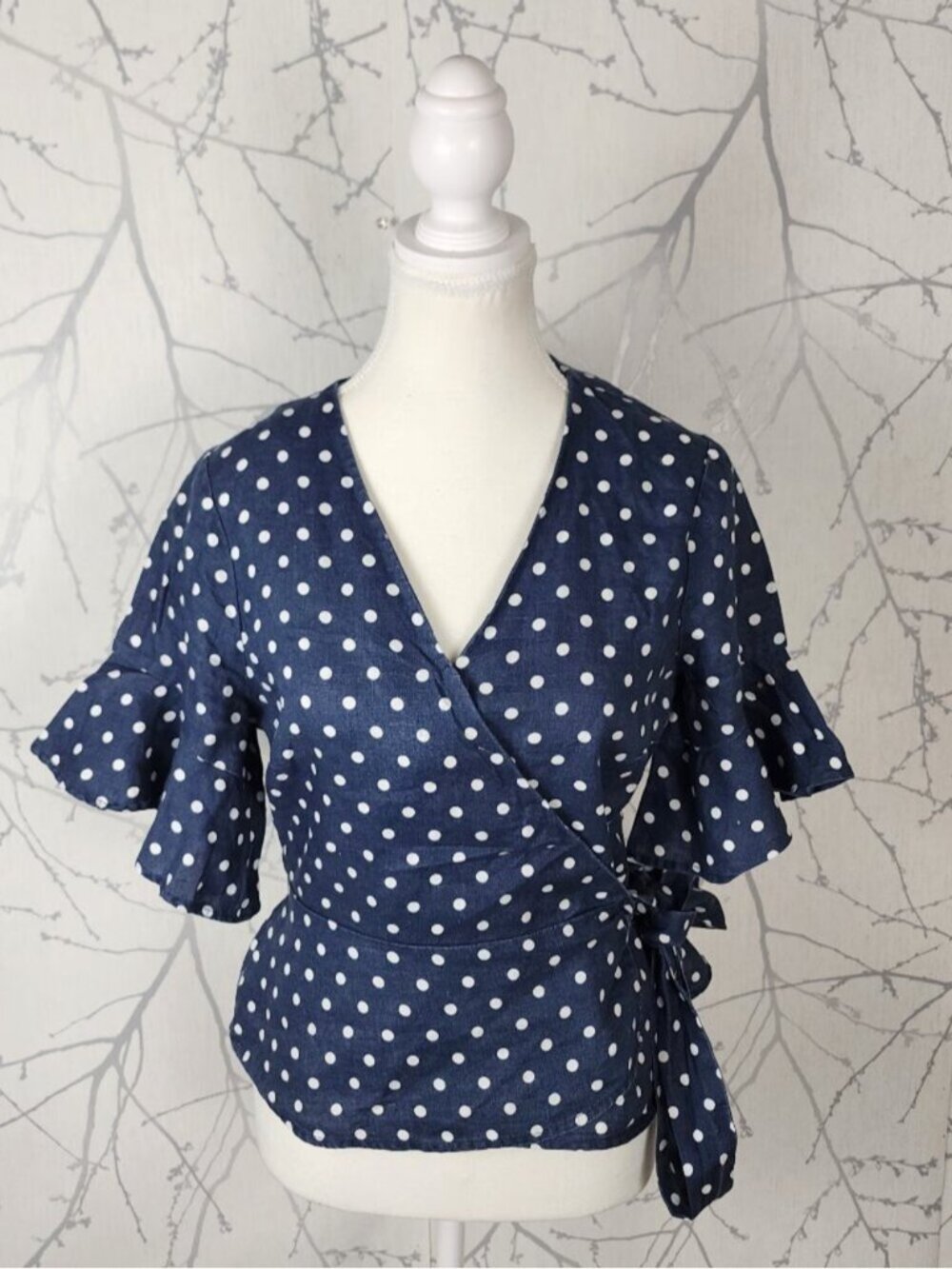Portmans Navy Polkadot 100% Linen Flutter Sleeve Wrap Blouse